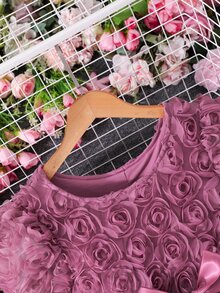 SHEIN Tween Girls Solid Color Girls Elegant Cute Puff Sleeve Floral Waisted Summer Mini Dress Wedding Guest Pink, Graduation, Vacation, Outfit - Burgundy - View 5