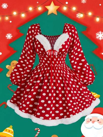 Sweetra Plus Size Red Polka Dot Plush Patchwork Dress Christmas