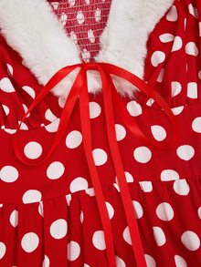 Sweetra Plus Size Red Polka Dot Plush Patchwork Dress Christmas - Multicolor - View 4