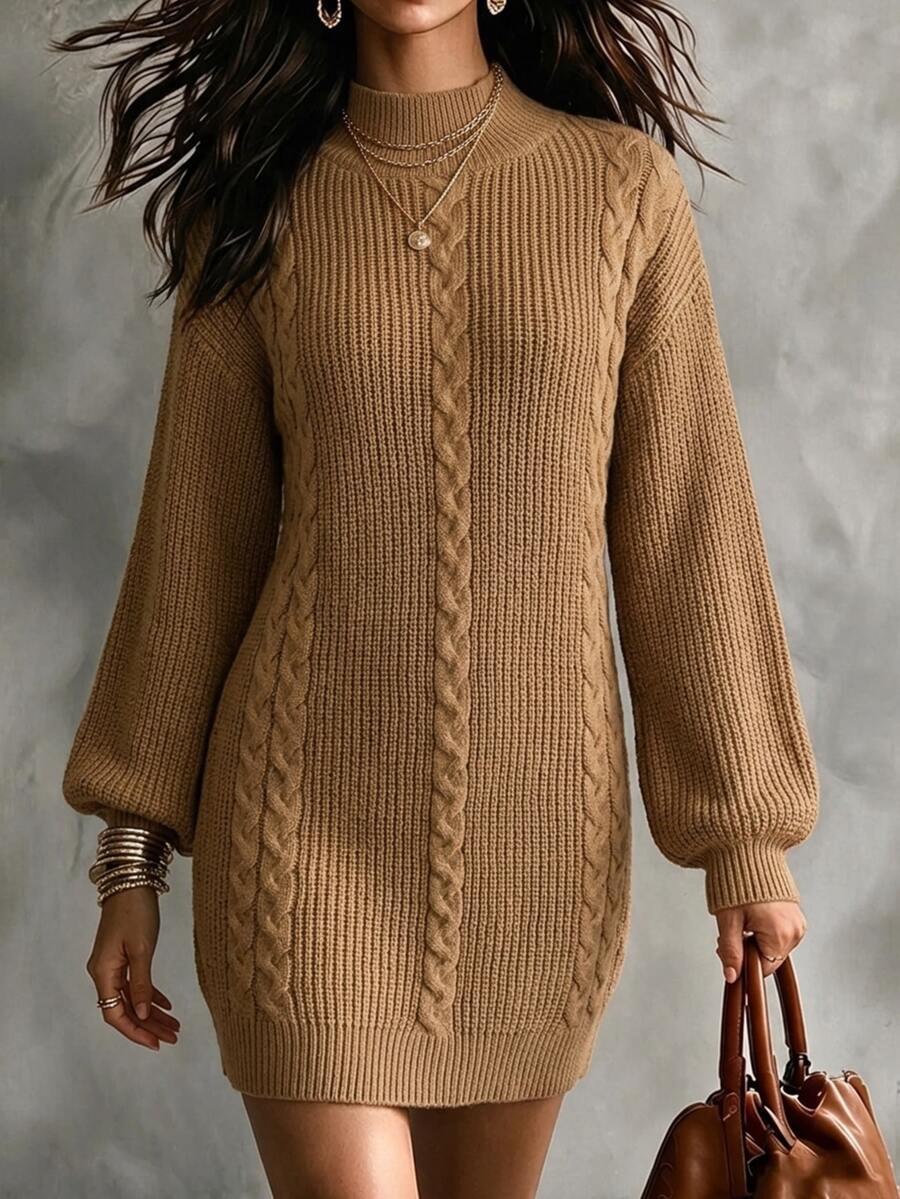 SHEIN V-Neck Camel Loose Diamond Argyle Jacquard Knit Pullover Dress, Fall/ Thanksgiving Brunch Casual - Coffee Brown - View 1