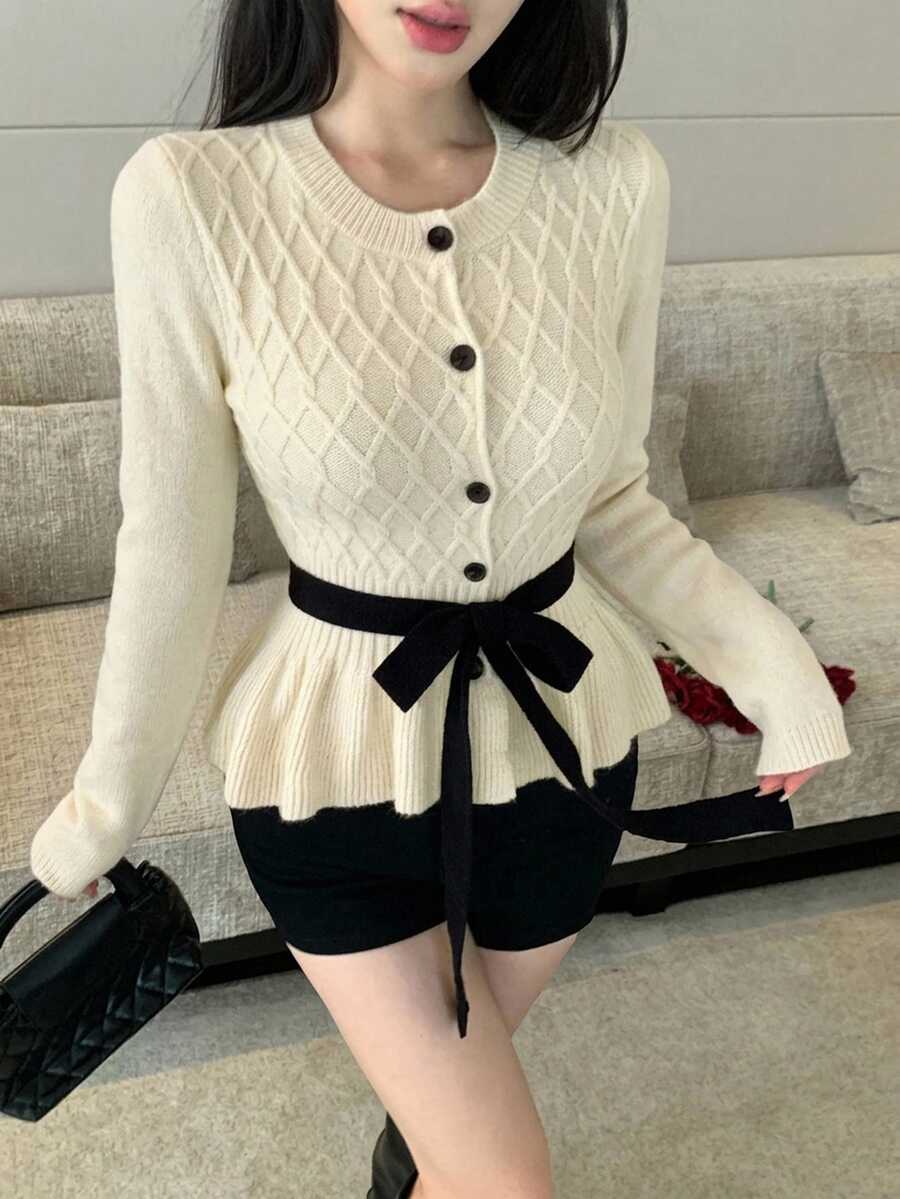 Joudiya Women's Sweet Knit Cardigan Sweater, Cable Knit, Bowknot Waist Belt, Cinched Waist, Ruffle Hem,Suitable For Dating And Commuting, Autumn/Winter - Beige - View 1