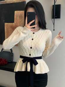 Joudiya Women's Sweet Knit Cardigan Sweater, Cable Knit, Bowknot Waist Belt, Cinched Waist, Ruffle Hem,Suitable For Dating And Commuting, Autumn/Winter - Beige - View 6