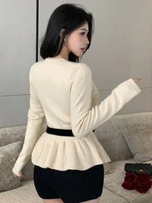 Joudiya Women's Sweet Knit Cardigan Sweater, Cable Knit, Bowknot Waist Belt, Cinched Waist, Ruffle Hem,Suitable For Dating And Commuting, Autumn/Winter - Beige - View 5