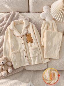 2pcs/Set Tween Girl Cute Kawaii Holiday Indoor Beige Lapel Button Embroidered Bear Pocket Top Elastic Waist Long Pants Autumn/Winter Pajamas Set Home - Apricot - View 8