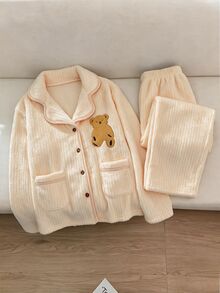2pcs/Set Tween Girl Cute Kawaii Holiday Indoor Beige Lapel Button Embroidered Bear Pocket Top Elastic Waist Long Pants Autumn/Winter Pajamas Set Home - Apricot - View 4