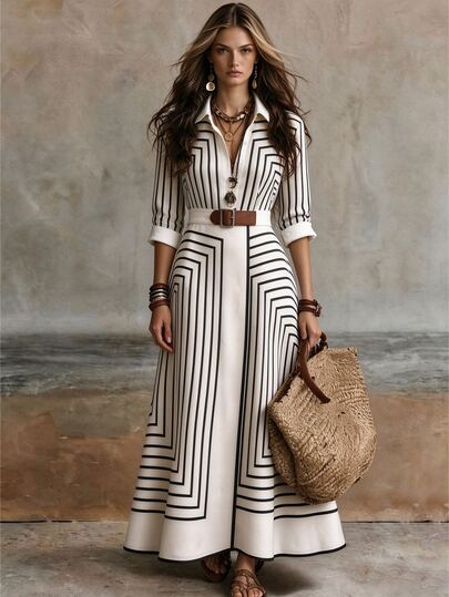 SHEIN Vestido camisero de manga larga con rayas geométricas color albaricoque para mujer, vestido midi de línea A con cintura ceñida para otoño, ropa casual elegante, adecuado para trabajo, vacaciones y ocasiones de fiesta