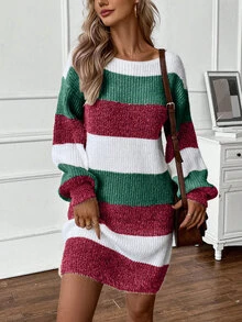 SHEIN LUNE Women Casual Color Block Striped Lantern Sleeve Sweater Dress, Autumn/Winter - Multicolor - View 5
