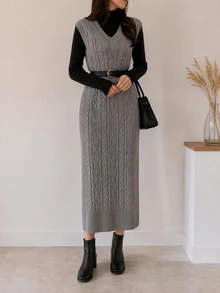 SHEIN LUNE 1入組麻花編織毛衣洋裝不附腰帶 - 深灰色 - 查看 7