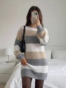 SHEIN LUNE 女式拼色圆领 H 袖下摆中长连衣裙 - 彩色 - 查看 1