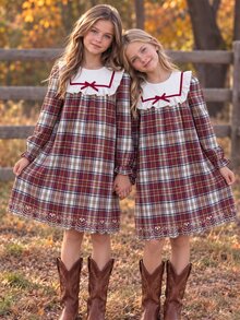 Tween Girls Red Tartan Plaid Dress Ruffle Doll Collar Bow Laser Cut Out Scalloped Hem Long Sleeve Fall Christmas Dresses - Multicolor - View 7