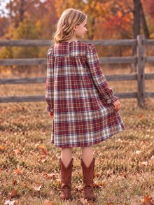 Tween Girls Red Tartan Plaid Dress Ruffle Doll Collar Bow Laser Cut Out Scalloped Hem Long Sleeve Fall Christmas Dresses - Multicolor - View 2