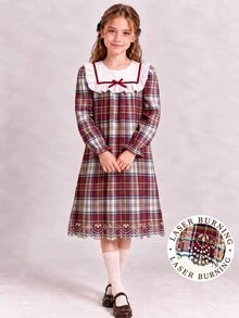 Tween Girls Red Tartan Plaid Dress Ruffle Doll Collar Bow Laser Cut Out Scalloped Hem Long Sleeve Fall Christmas Dresses - Multicolor - View 8