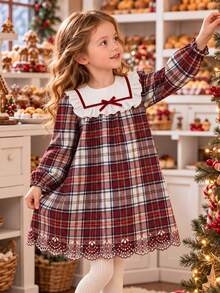 Tween Girls Red Tartan Plaid Dress Ruffle Doll Collar Bow Laser Cut Out Scalloped Hem Long Sleeve Fall Christmas Dresses - Multicolor - View 1
