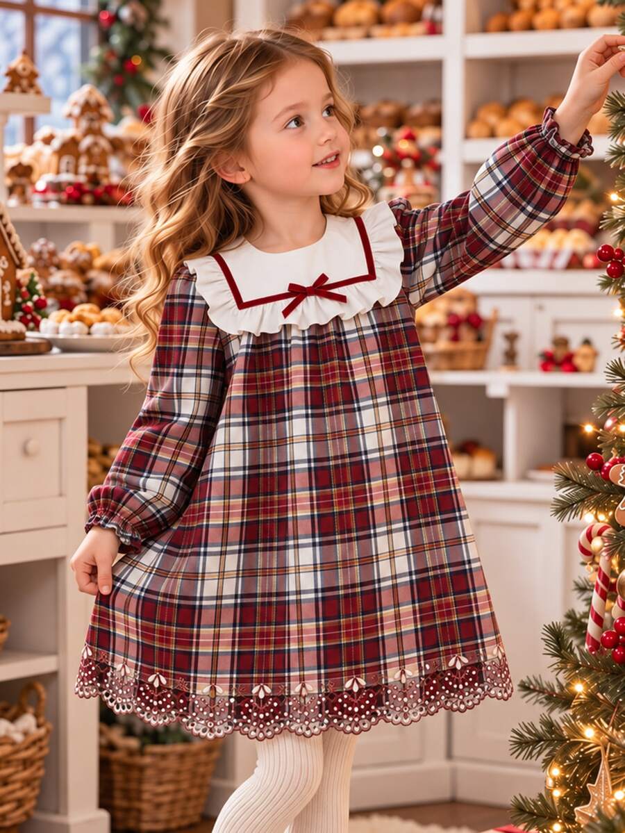 Tween Girls Red Tartan Plaid Dress Ruffle Doll Collar Bow Laser Cut Out Scalloped Hem Long Sleeve Fall Christmas Dresses - Multicolor - View 1