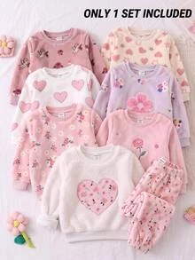 SHEIN طقم ملابس منزلية لطيف وناعم بنمط قلب وزهور صغيرة عشوائية للبنات الرضع في فصل الخريف - وردي - مشاهدة 2