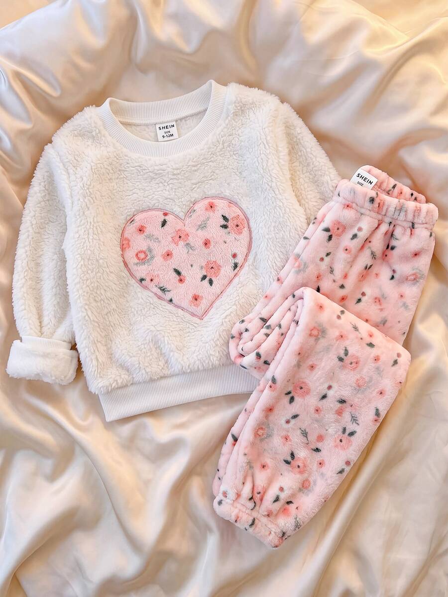 SHEIN Ramdom Item Only Cute Fluffy Heart Pattern Ditsy Floral Loungewear Set For Baby Girls Autumn - Pink - View 1