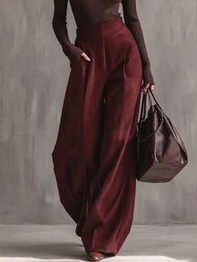 Everyssa Women's Elegant Coffee-Colored High-Waisted Wide-Leg Long Pants - Burgundy - View 1