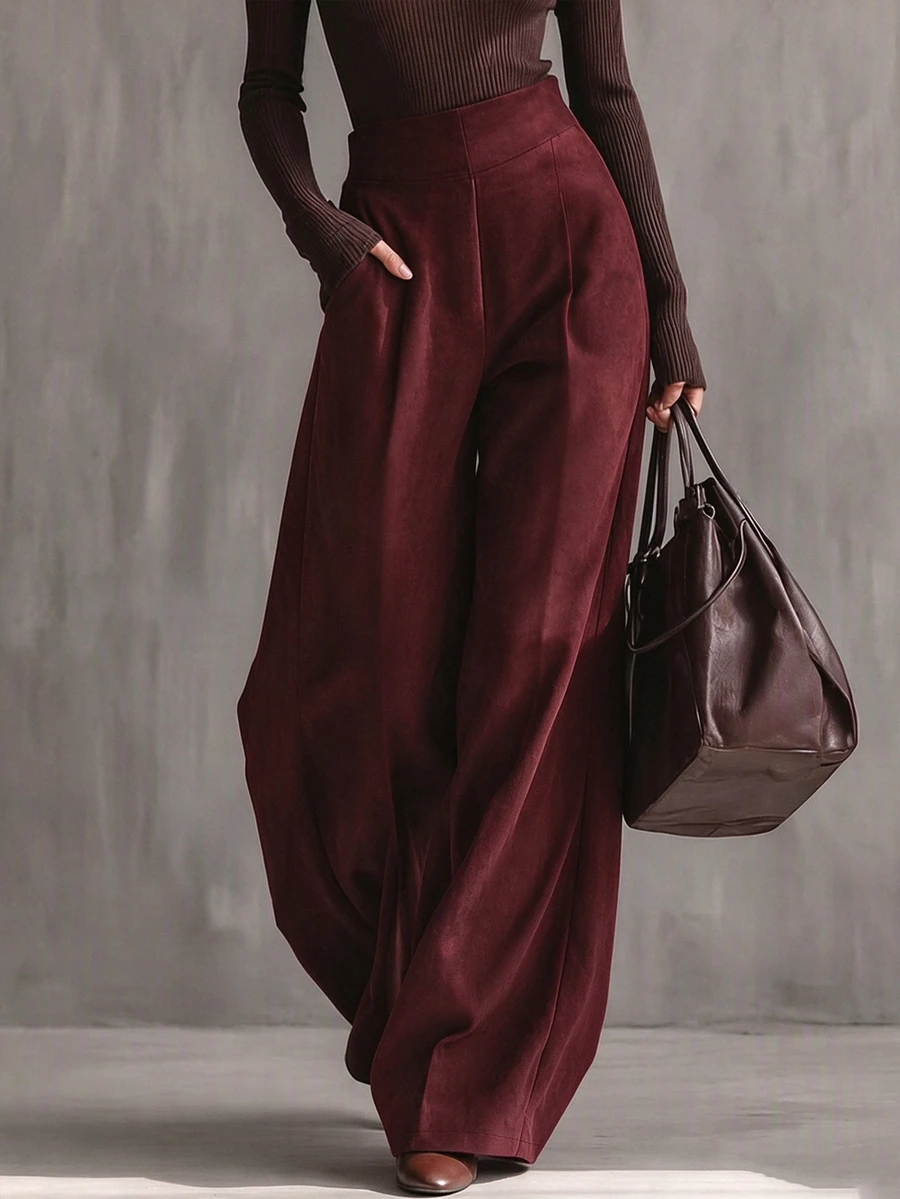 Everyssa Women's Elegant Coffee-Colored High-Waisted Wide-Leg Long Pants - Burgundy - View 1