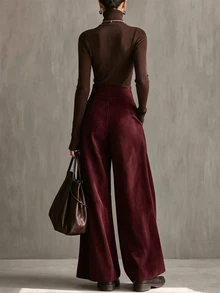 Everyssa Women's Elegant Coffee-Colored High-Waisted Wide-Leg Long Pants - Burgundy - View 2