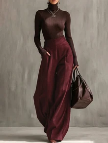 Everyssa Women's Elegant Coffee-Colored High-Waisted Wide-Leg Long Pants - Burgundy - View 8