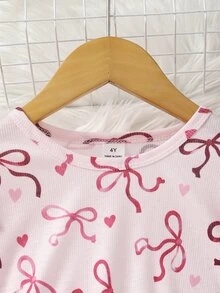 SHEIN 2件組女童荷葉邊上衣＋內搭褲，可愛甜美棕色蝴蝶結愛心荷葉邊長袖圓領輕便派對裝，適合初生寶寶、1歲生日、7歲生日、秋季 - 酒紅色 - 查看 3