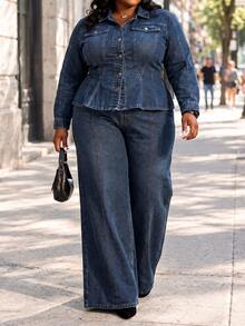CurvyTilda جينز ساق مستقيمة بخياطة تباين مقاس كبير، ملابس كاجوال يومية، ملابس شارع عصرية غير مقصوصة - الأزرق - مشاهدة 4