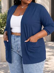 CurvyTilda Plus Size Navy Knit Pocket Loose Fit Cardigan With Pockets,Business Casual Woman Winter Fall Autumn Office - Dusty Blue - View 3