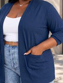 CurvyTilda Plus Size Navy Knit Pocket Loose Fit Cardigan With Pockets,Business Casual Woman Winter Fall Autumn Office - Dusty Blue - View 6