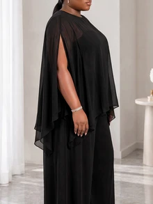 CurvyTilda ملابس علوية كيب شفافة أنيقة بلون سادة لحفلات المناسبات للمقاسات الكبيرة، ملابس علوية سوداء للمقاسات الكبيرة، ملابس علوية شفافة للمقاسات الكبيرة، ملابس علوية ربيعية للنساء - الأسود - مشاهدة 4