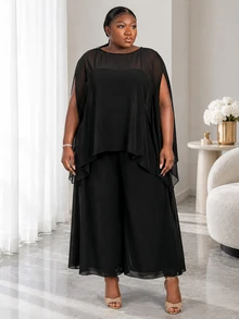 CurvyTilda ملابس علوية كيب شفافة أنيقة بلون سادة لحفلات المناسبات للمقاسات الكبيرة، ملابس علوية سوداء للمقاسات الكبيرة، ملابس علوية شفافة للمقاسات الكبيرة، ملابس علوية ربيعية للنساء - الأسود - مشاهدة 2