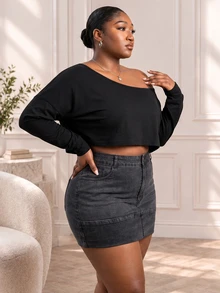 CurvyTilda Plus Size Women's Asymmetric Collar Long Sleeve Cropped Casual T-Shirt, Solid Color, Autumn Fall - Black - View 2