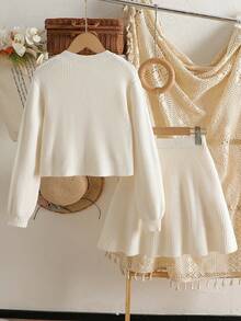 SHEIN Tween Girl Bow Decor Long Sleeve Top And Skirt Knit Set Winter - White - View 3