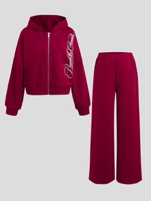 SHEIN 青少年女孩秋冬紅色字母印花長袖運動衫外套套裝，休閒日常運動街頭風 - 紅色 - 查看 6