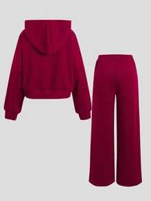 SHEIN 青少年女孩秋冬紅色字母印花長袖運動衫外套套裝，休閒日常運動街頭風 - 紅色 - 查看 4