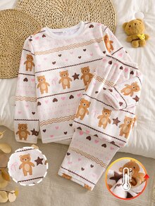 Tween Girl Fitted Long Sleeve & Long Pants Fleece Set, Autumn/Winter New Arrival, Cute Innocent Star, Bow, Wave Print Fabric, Comfortable, Popular And Desired By Girls - Apricot - View 5