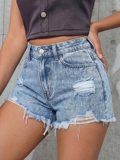 SHEIN Tween Girl Y2K Grunge Streetwear Swag Spring Summer Break Light Washed High Waist Ripped Raw Hem Baggy Denim Shorts, Beach Concert Rave Festival