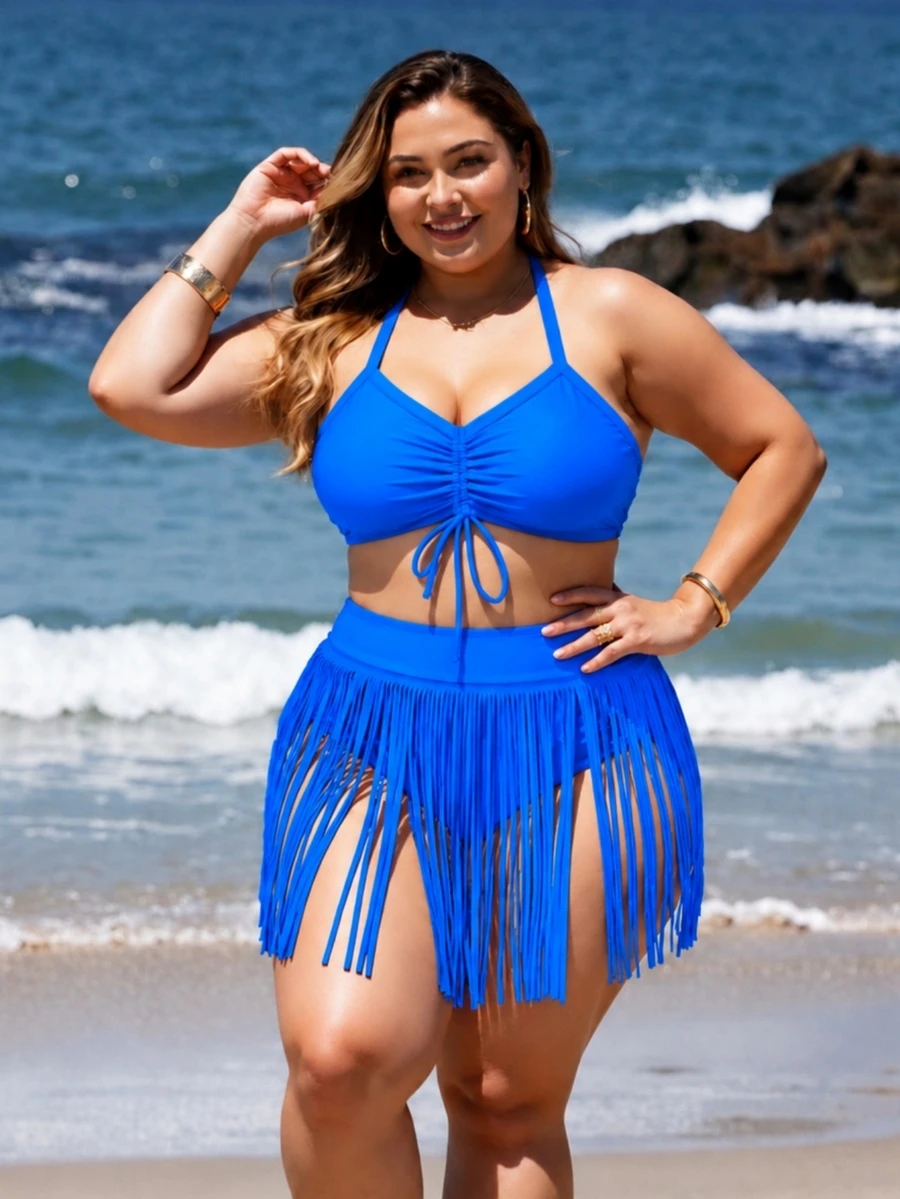 SHEIN Swim Curve Plus Size Women Beach Vacation Halter Crop Top & Tassel Shorts 2 Pieces Swimwear - Royal Blue - View 1