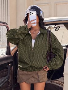 Muchica Plaid Woven Women's Thin Jacket - Army Green - View 4