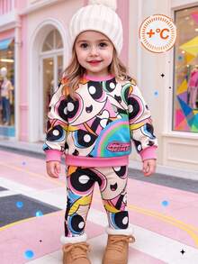 THE POWERPUFF GIRLS X SHEIN 2件組女嬰卡通圖案印花長袖衛衣與內搭褲套裝 多色休閒日常穿著 春秋款 - 彩色 - 查看 1