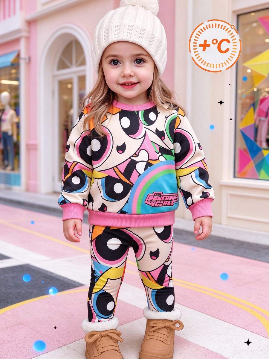 THE POWERPUFF GIRLS X SHEIN 2件組女嬰卡通圖案印花長袖衛衣與內搭褲套裝 多色休閒日常穿著 春秋款 - 彩色 - 查看 1