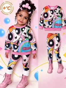 THE POWERPUFF GIRLS X SHEIN 2件組女嬰卡通圖案印花長袖衛衣與內搭褲套裝 多色休閒日常穿著 春秋款 - 彩色 - 查看 8