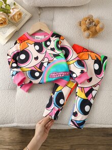 THE POWERPUFF GIRLS X SHEIN 2件組女嬰卡通圖案印花長袖衛衣與內搭褲套裝 多色休閒日常穿著 春秋款 - 彩色 - 查看 3