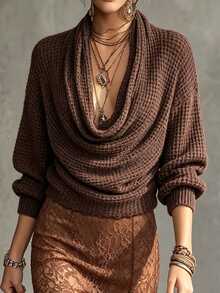 SHEIN Women's Solid Color Cowl Neck Drop Shoulder Long Sleeve Fashion Sweater, Autumn/Winter - Brown - View 4