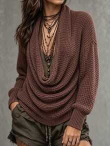 SHEIN Women's Solid Color Cowl Neck Drop Shoulder Long Sleeve Fashion Sweater, Autumn/Winter - Brown - View 7