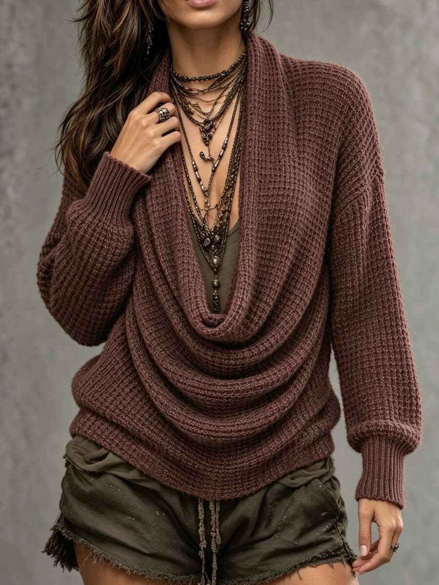 SHEIN Women's Solid Color Cowl Neck Drop Shoulder Long Sleeve Fashion Sweater, Autumn/Winter
