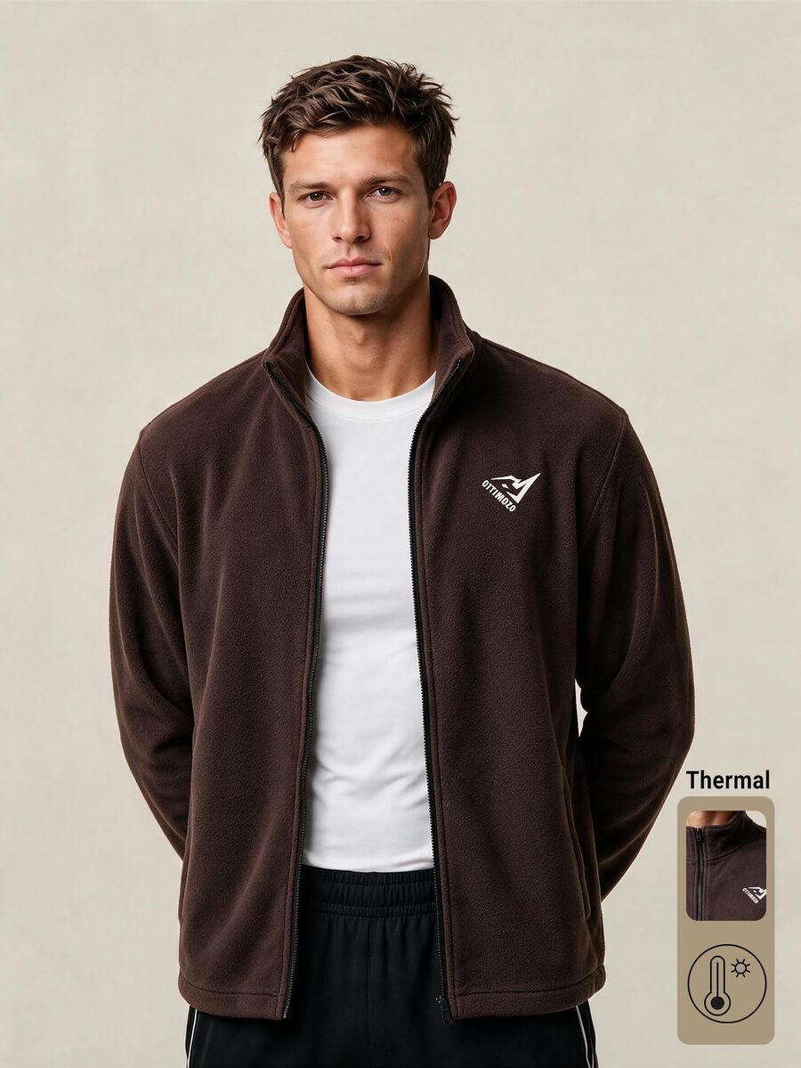 Men's Geometric Pattern Long Sleeve Zip-Up Casual Sports Jacket - Brown - View 1