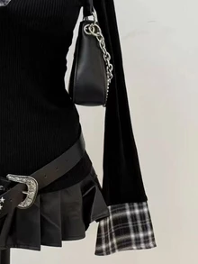SHEIN قميص بولو بياقة طويلة الأكمام بتصميم كاروهات ريترو 2 في 1 باللون الأسود - الأسود - مشاهدة 4