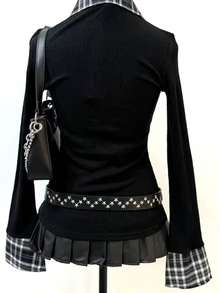 SHEIN قميص بولو بياقة طويلة الأكمام بتصميم كاروهات ريترو 2 في 1 باللون الأسود - الأسود - مشاهدة 2
