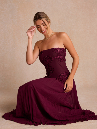 Enchnt Premium Winter Romantic Women's Elegant Red Jacquard Bandeau Party Dress,Evening Dress,Christmas,Birthday Dress,Wedding,Thanksgiving,Ball Gown