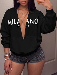Slaydiva Y2K Vintage Letter Print Deep V Oversized Loose Long Sleeve Sweatshirt White Top Women's Sweatshirt - Black - View 6